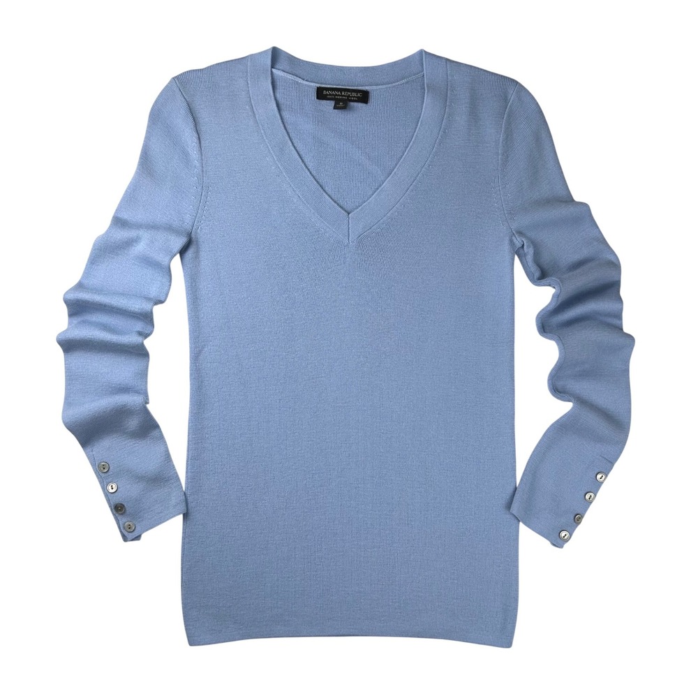 Banana Republic Merino Wool V-Neck Sweater Blue Button Cuff‎ Small